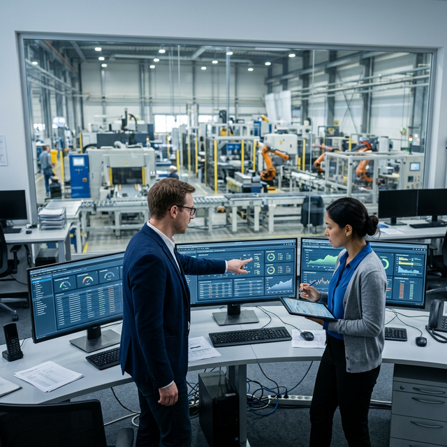 Kỹ sư phòng điều khiển theo dõi hệ thống quản trị sản xuất