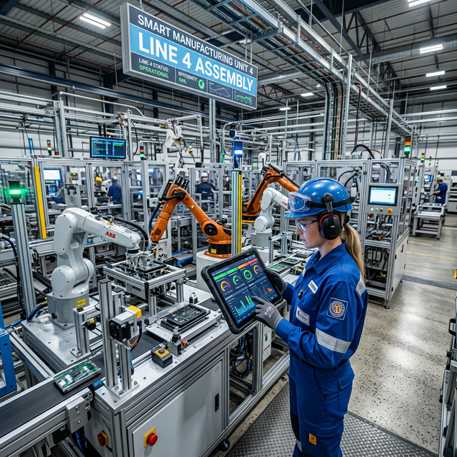 Công nhân kiểm tra phần mềm trên máy tính bảng tại xưởng