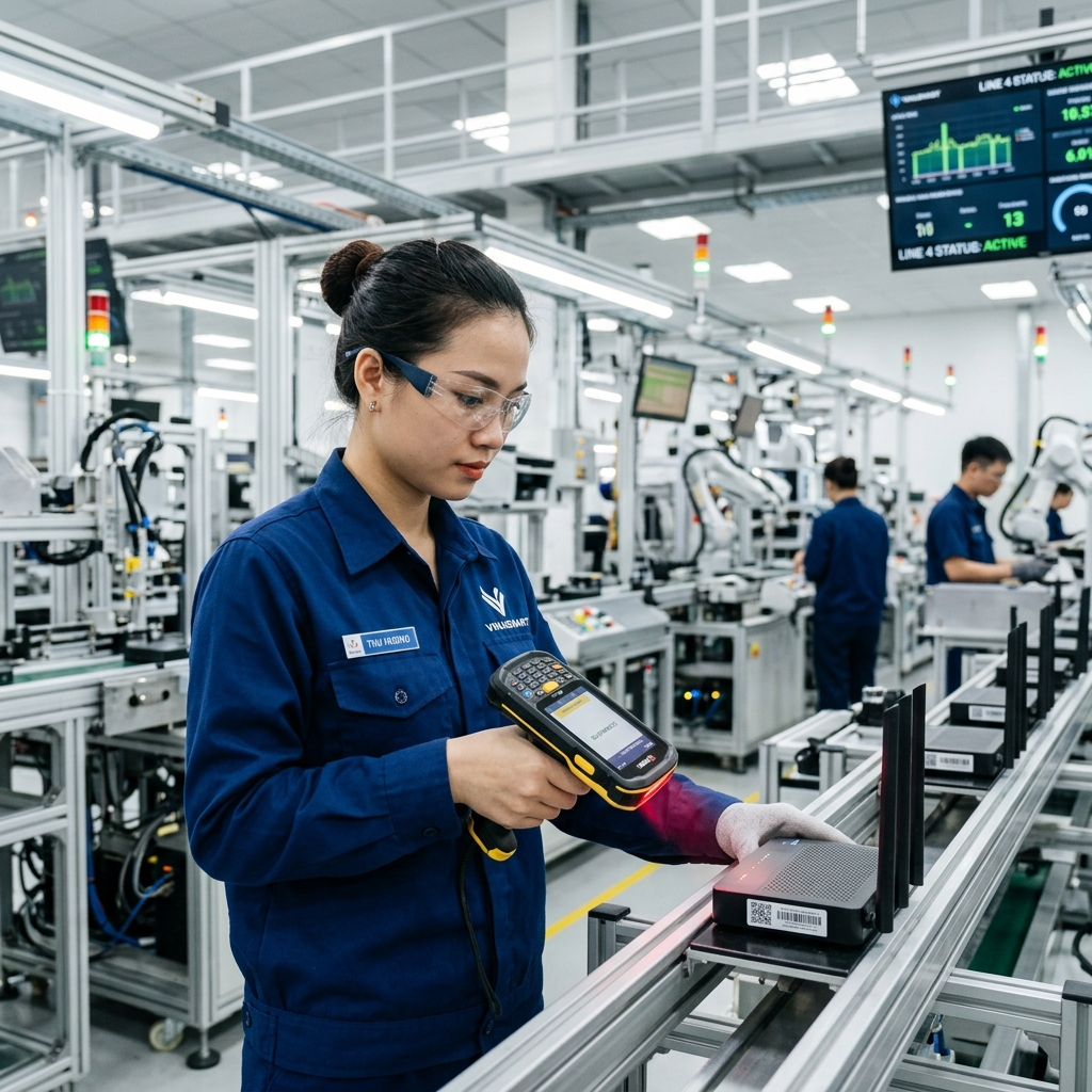 Công nhân quét mã vạch dưới xưởng