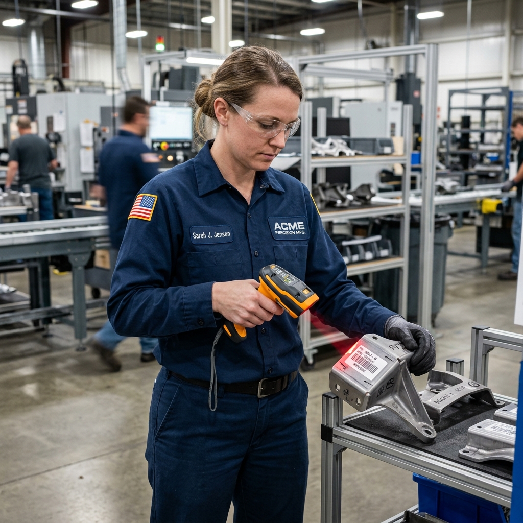 Worker scanning barcode on MES