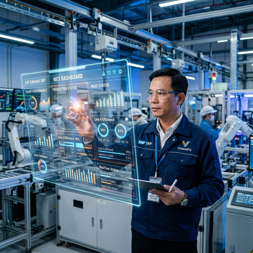 Người quản lý Việt Nam xem báo cáo ERP thời gian thực