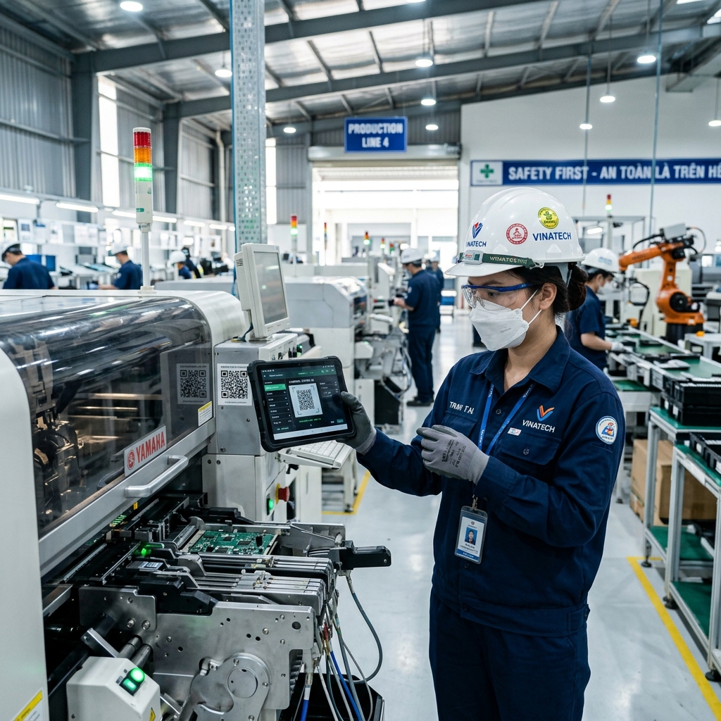 Công nhân Việt Nam thao tác trên máy tính bảng MES