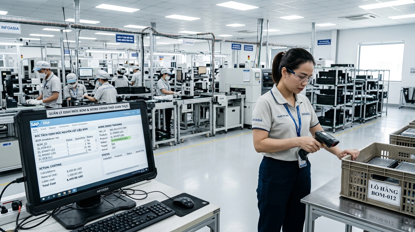 Quản lý định mức vật tư BOM và theo dõi Work Order trên máy trạm SAP ERP Infoasia