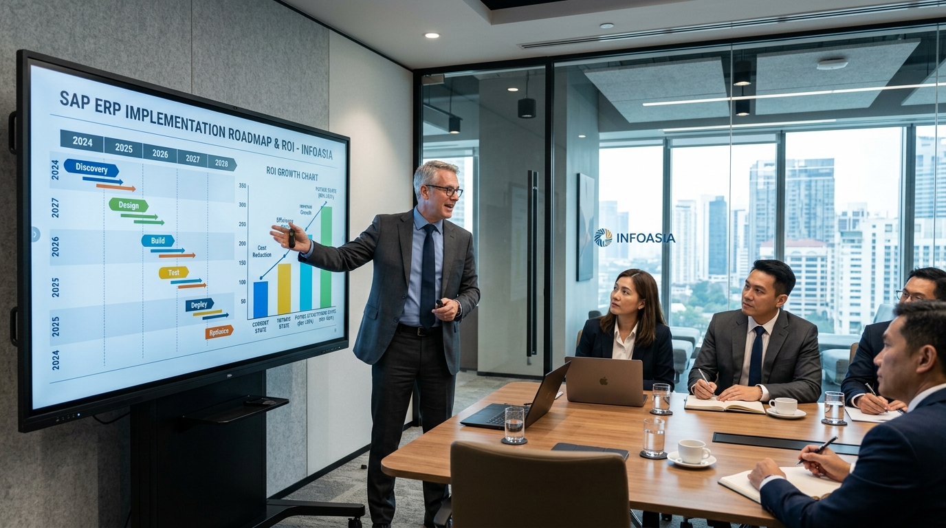 Infoasia ERP consultant presenting implementation roadmap and ROI chart to leadership